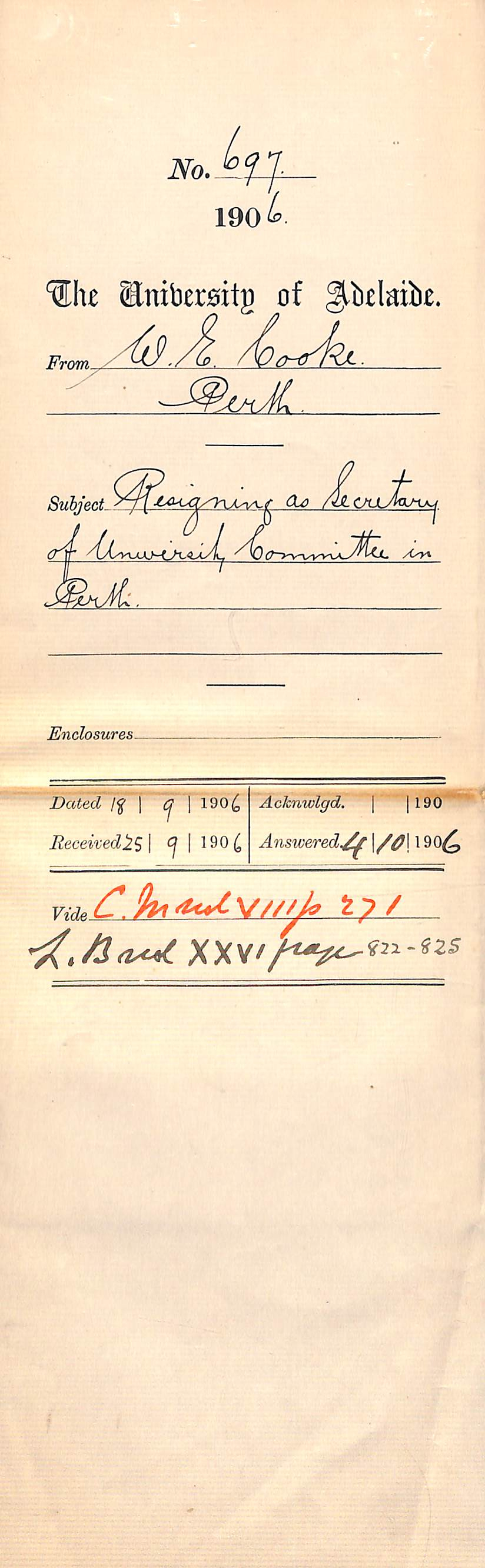 Letter of resignation of W E Cooke