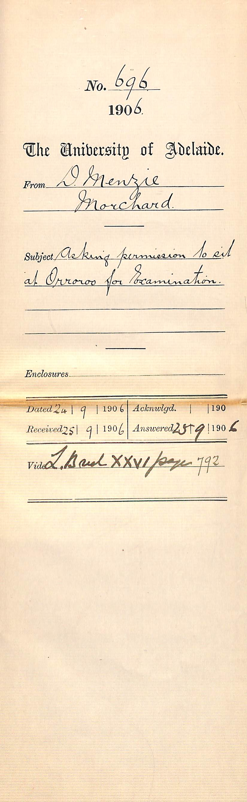 Requesting permission to sit examination at Orroroo