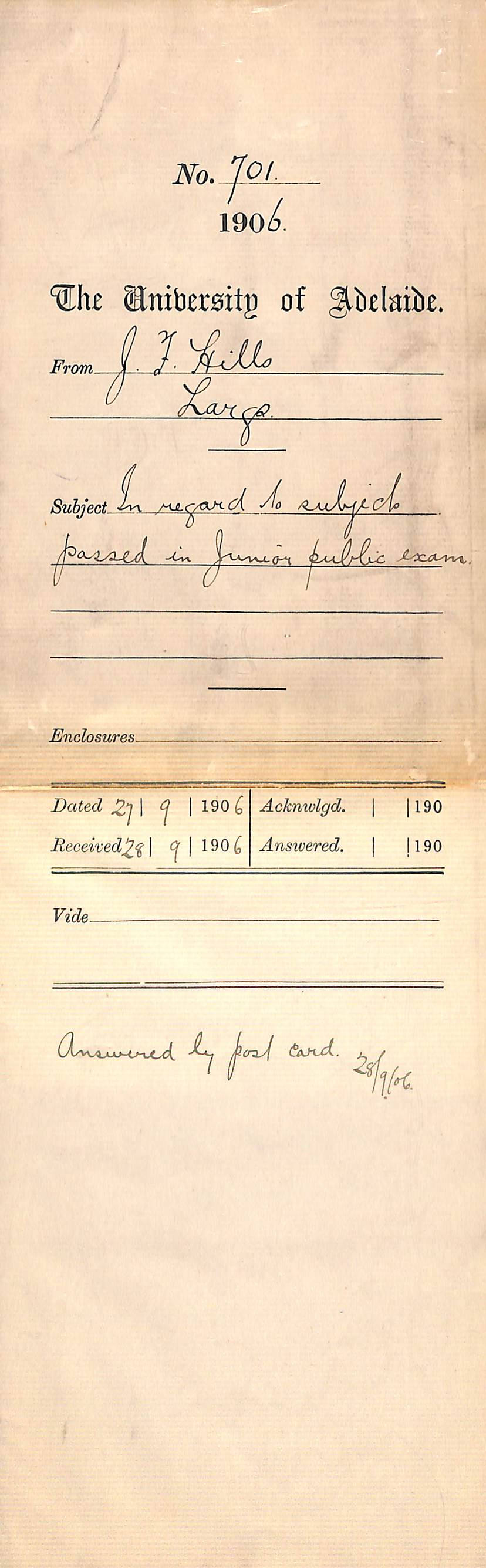 Requesting two more forms for the Junior Primary Exam and enquiring after passing subjects