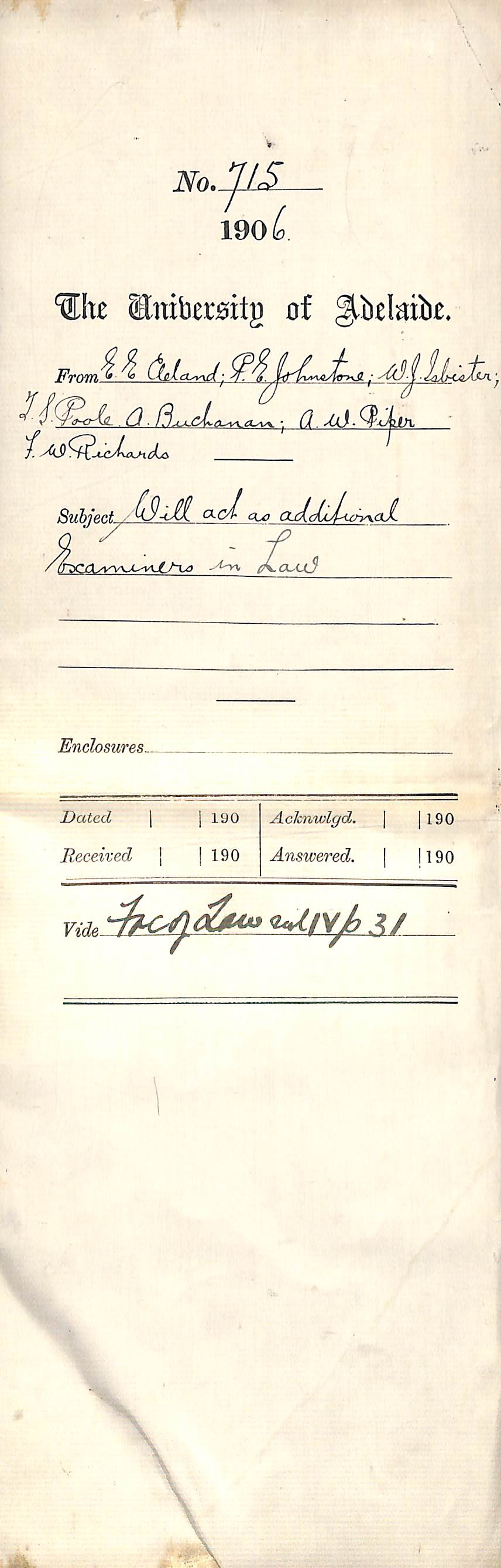 Accepting and declining positions as Additional Examiner in LLB subjects