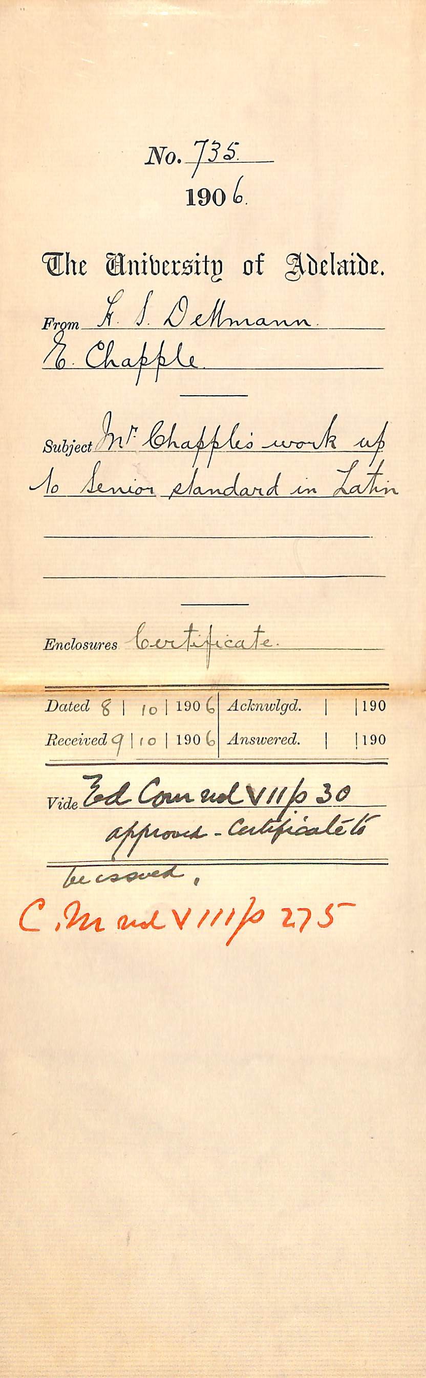 Certifying Latin exam for E Chapple held in Cambridge by W H Blythe