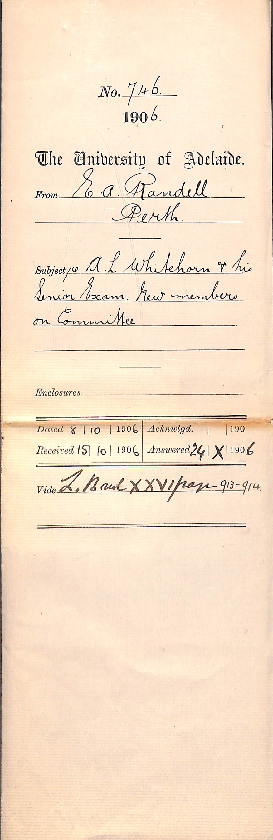 West Australian Centre new committee members - A L Whitehorn applying for Senior exam exemption