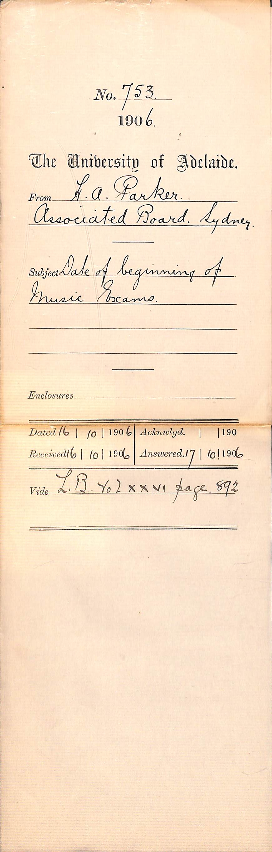 Advising arrival date of examiner