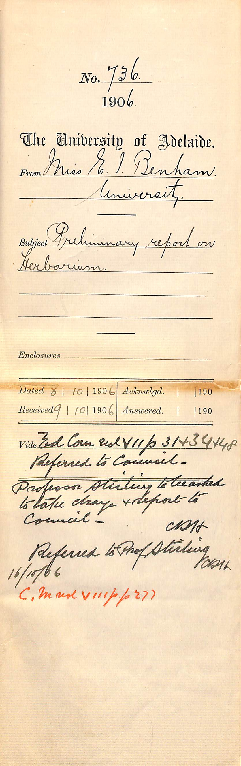 Preliminary report on Herbarium - Full Docket