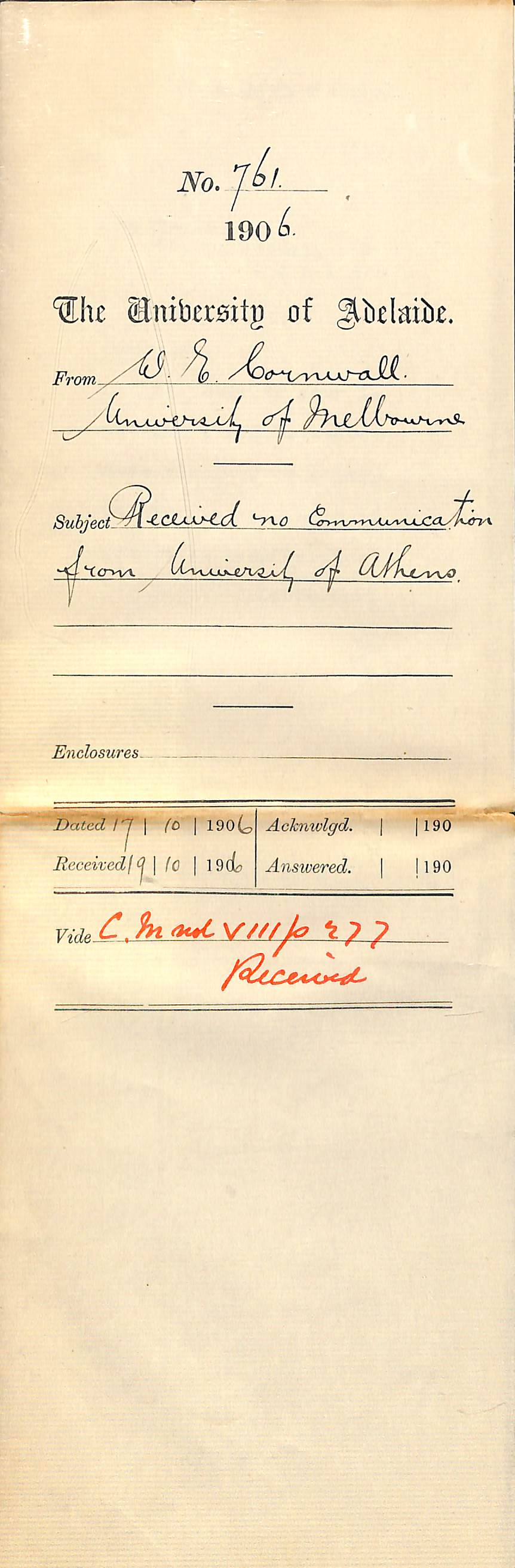 Regarding correspondence from the University of Athens