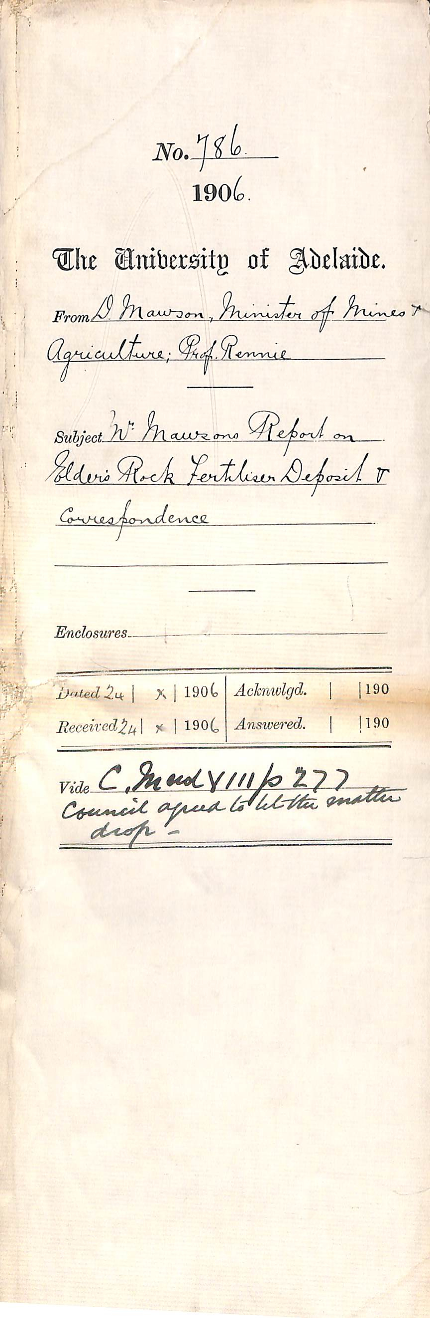 Mr Mawsons Report on Elder's Rock Fertiliser Deposit and correspondence - Full Docket