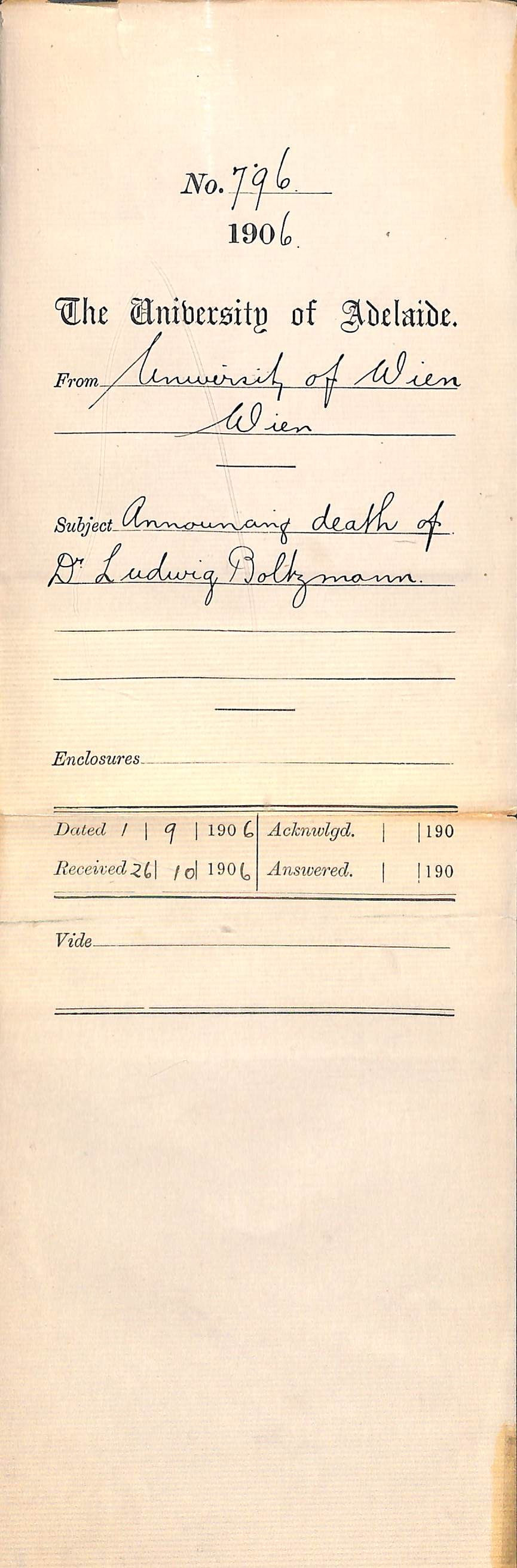 Notifying of the death of Dr Boltzmann in Vienna