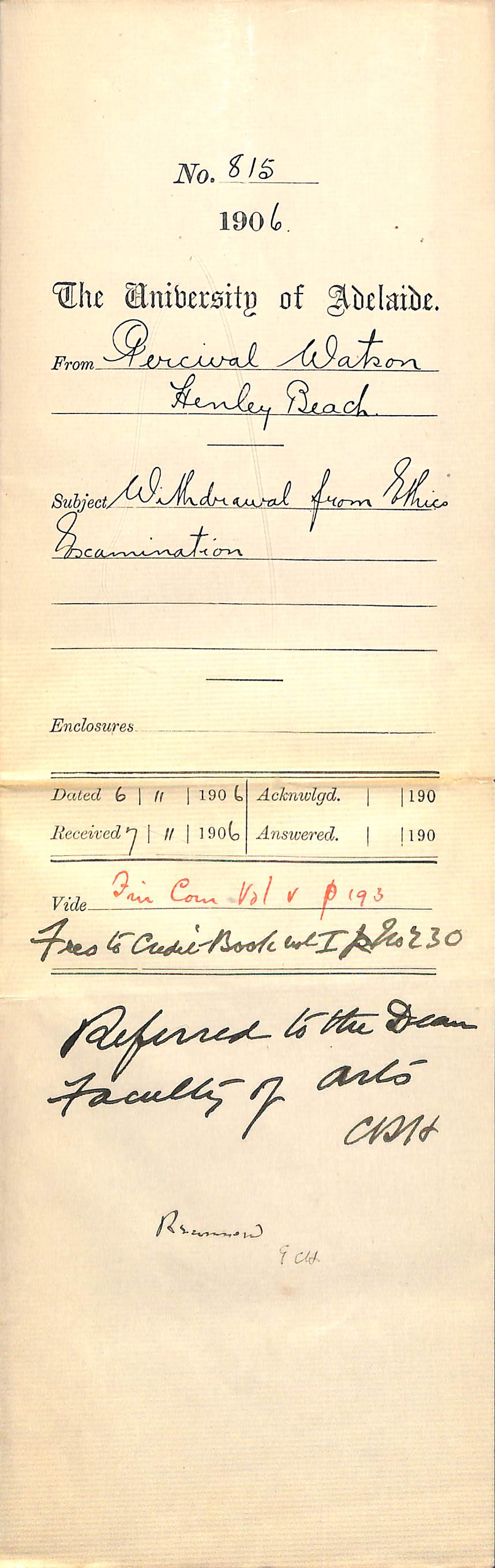 Withdrawing from exam and crediting fee