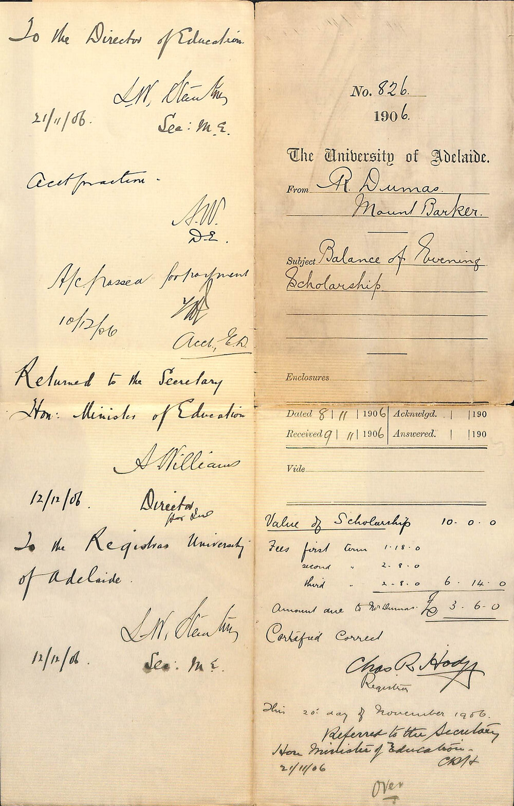 Requesting payment of balance of scholarship