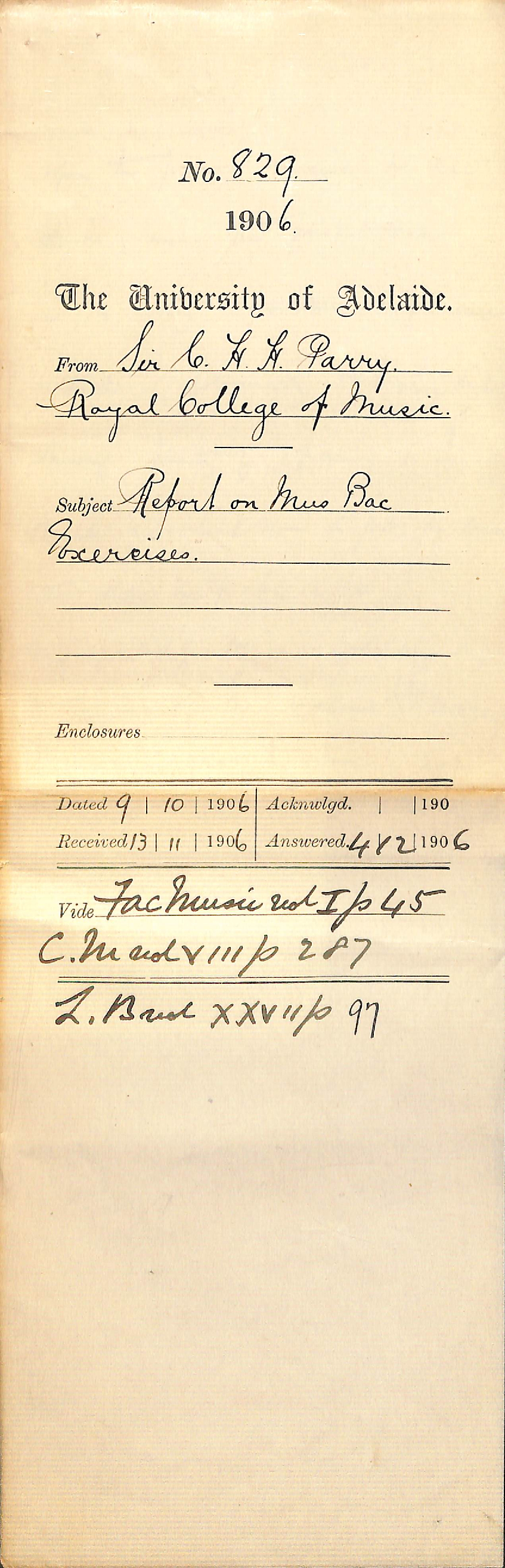 Reporting on student exercises for B Music degree