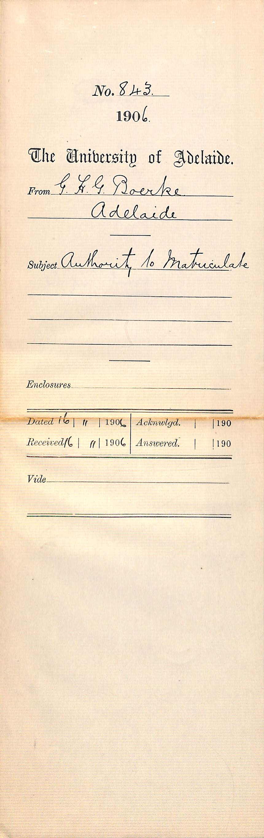 Authority to Matriculate