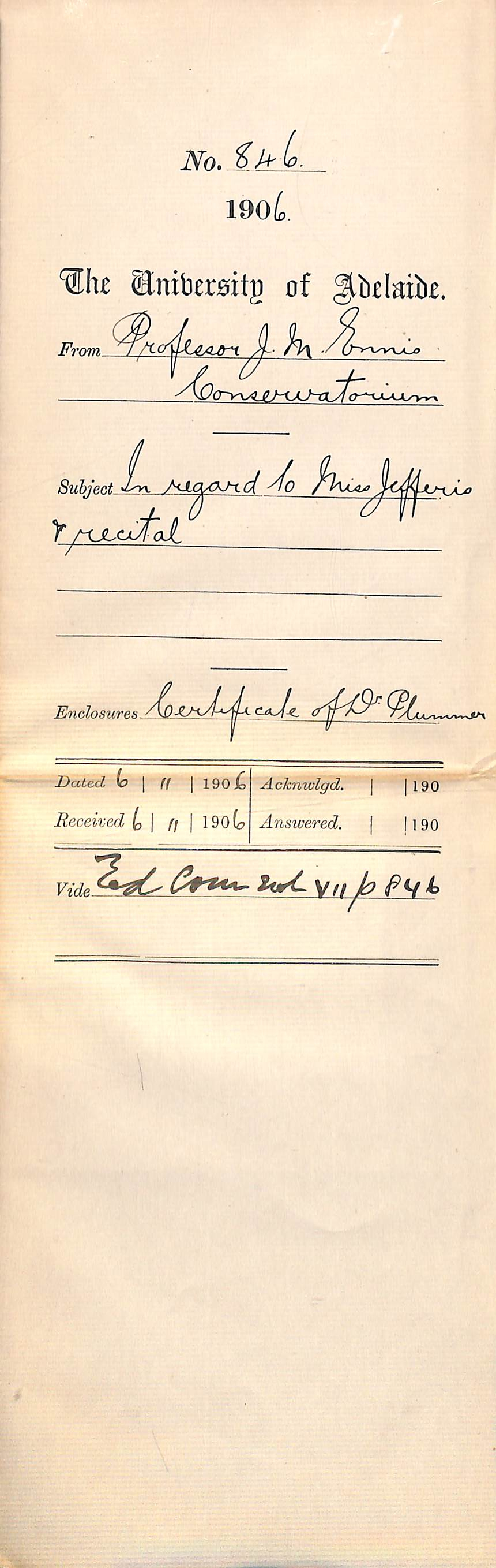 In regard to Miss Elsie Jefferis and recital