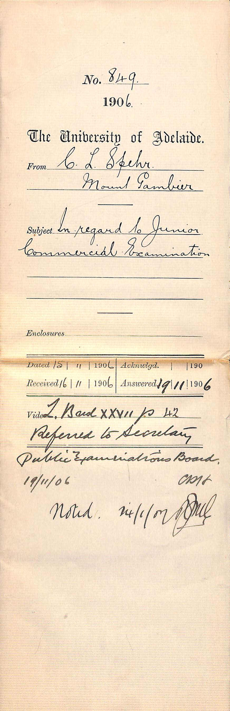 In regard to Junior Commercial Examination - 1906
