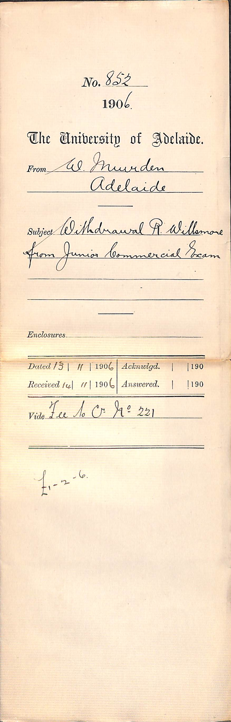 Withdrawal R Willsmore from Junior Commercial Exam