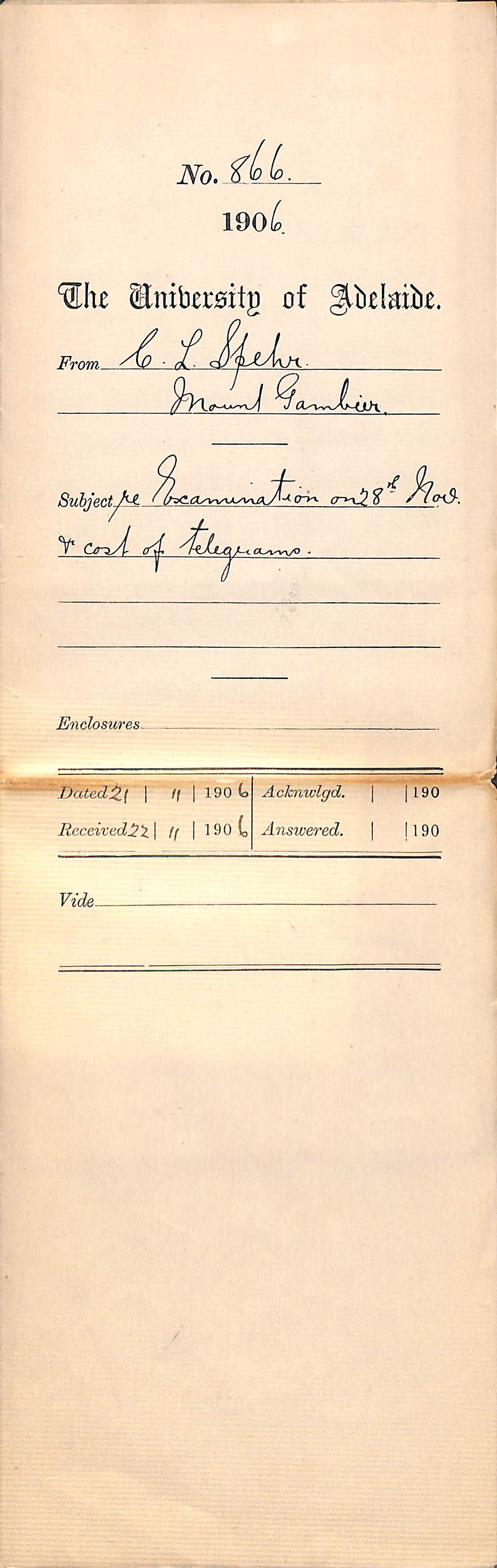 Examination on 28th November and cost of Telegrams
