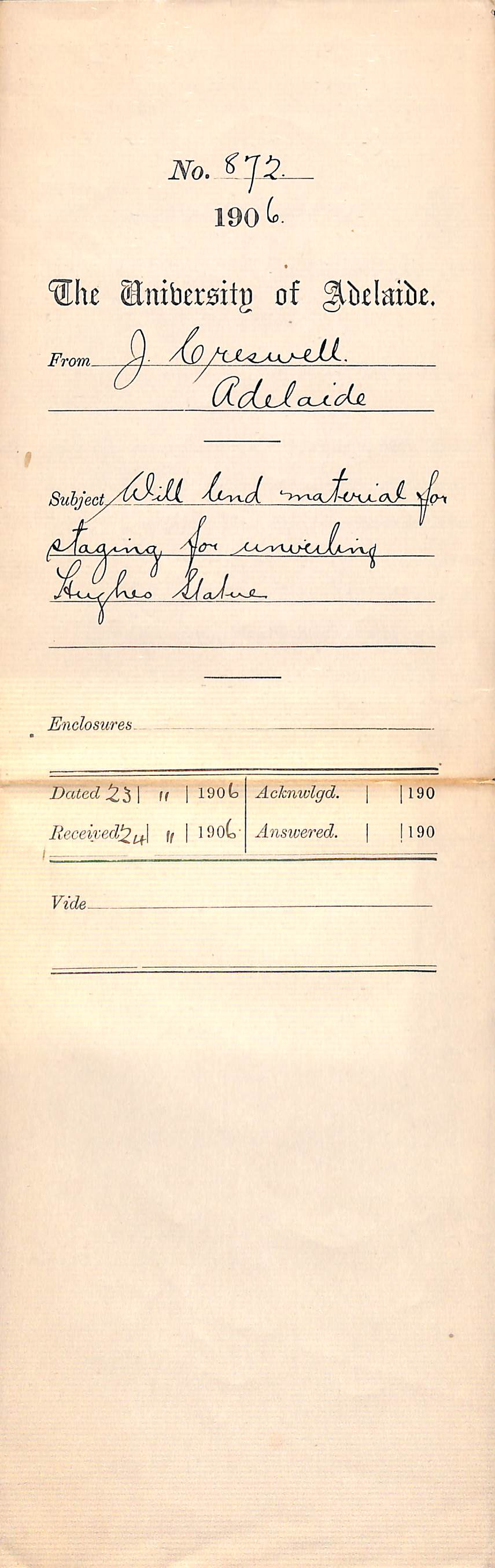 Will lend material for staging for unveiling Hughes Statue