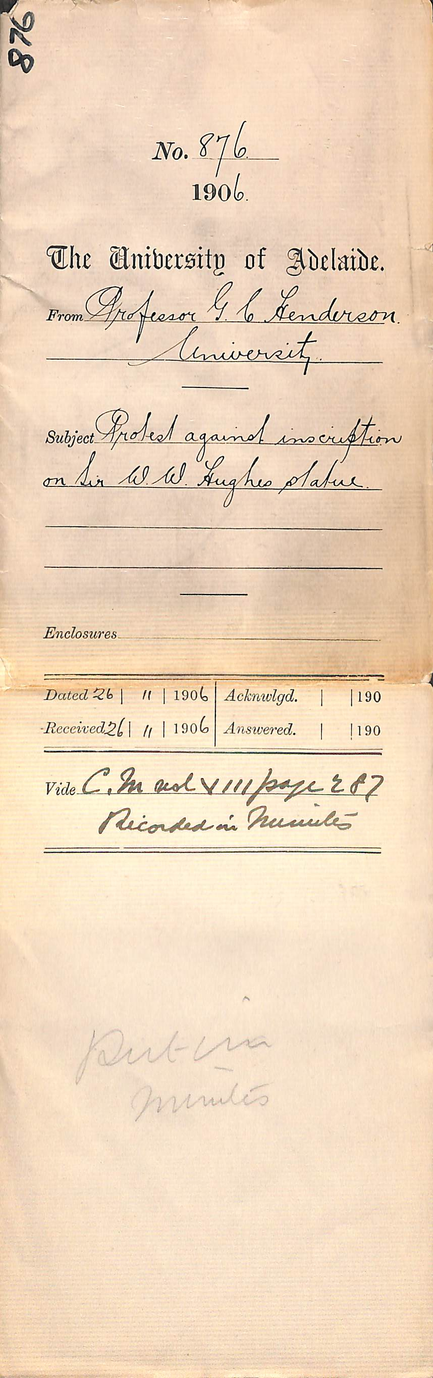 Protest against inscription on Sir W W Hughes Statue