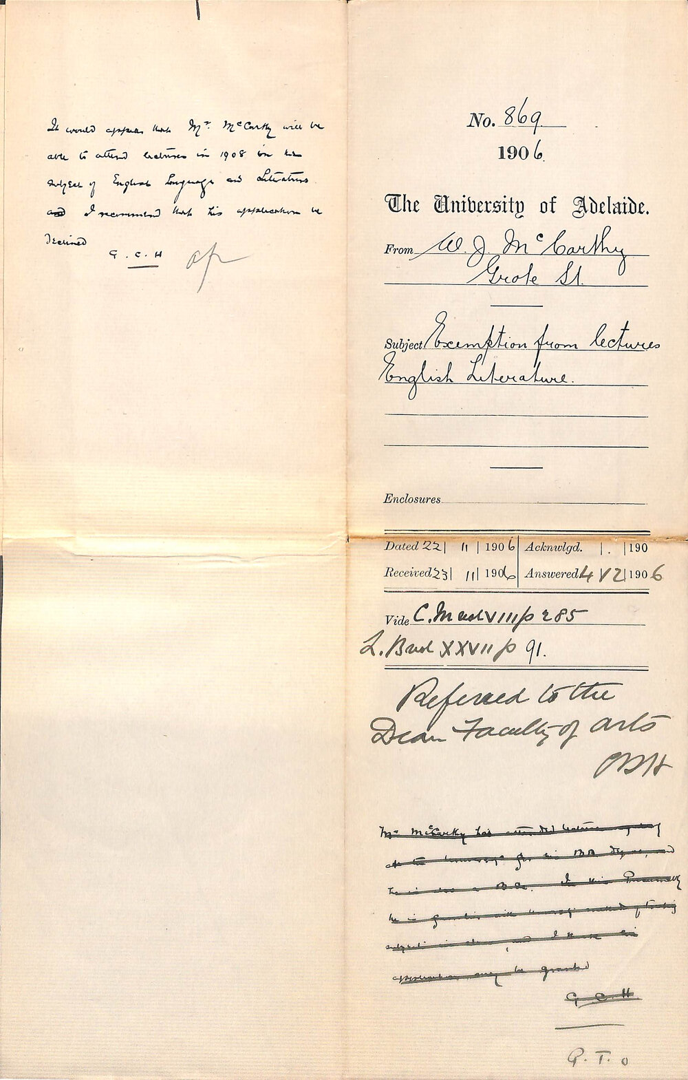 Exemption from lectures English Literature - McCarthy