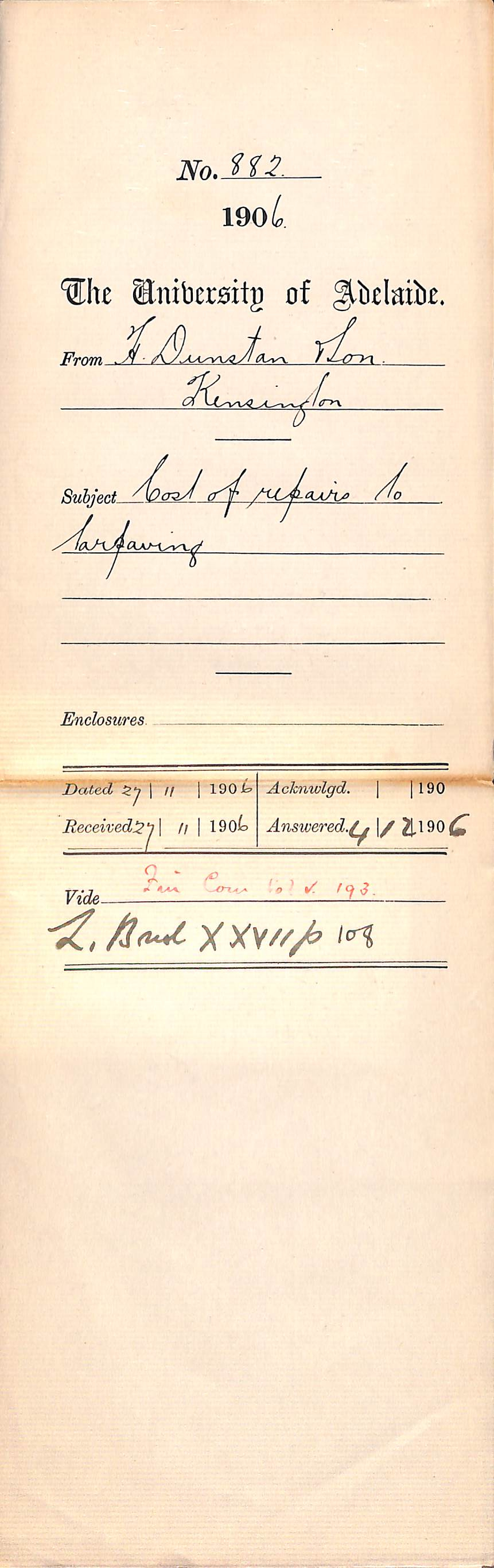 Cost of repairs to tarpaving