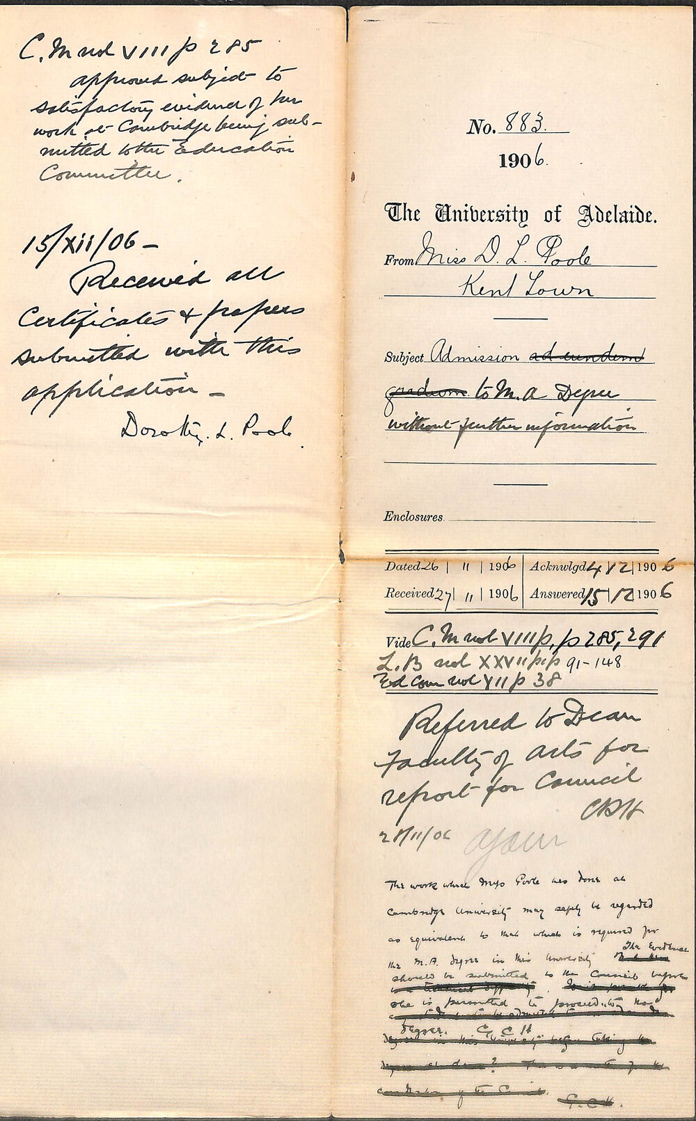 Admission to MA Degree without further information