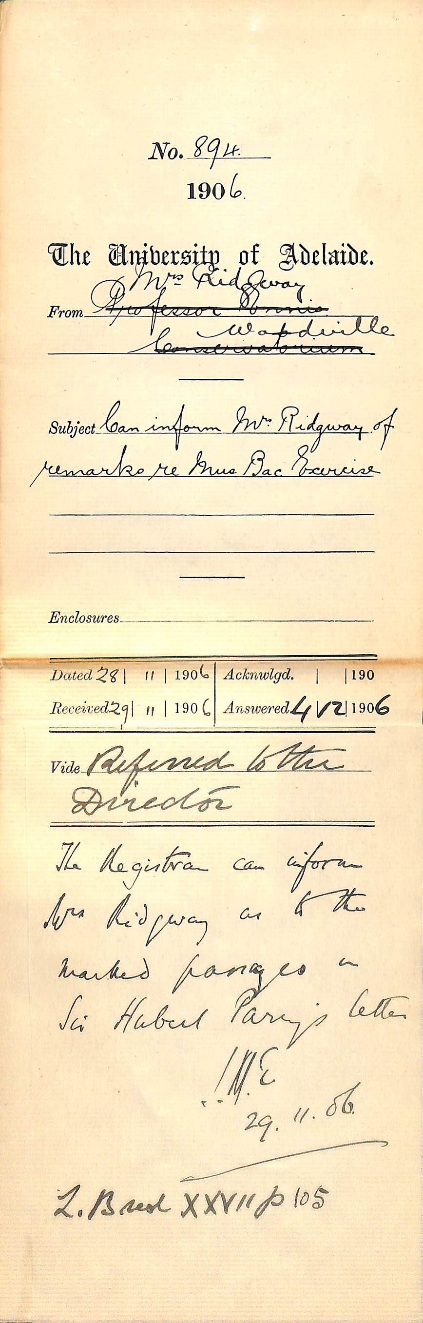 Can inform Mrs Ridgeway of remarks re Mus Bac Exercise