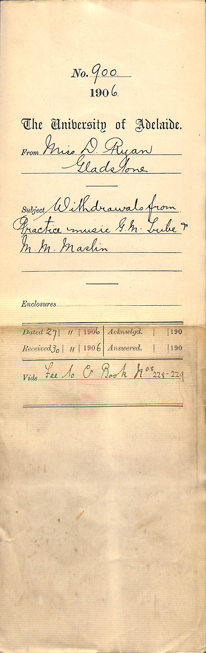 Withdrawals from Practice Music Glenwynd Maude Tribe and Mary Mabel Maslin