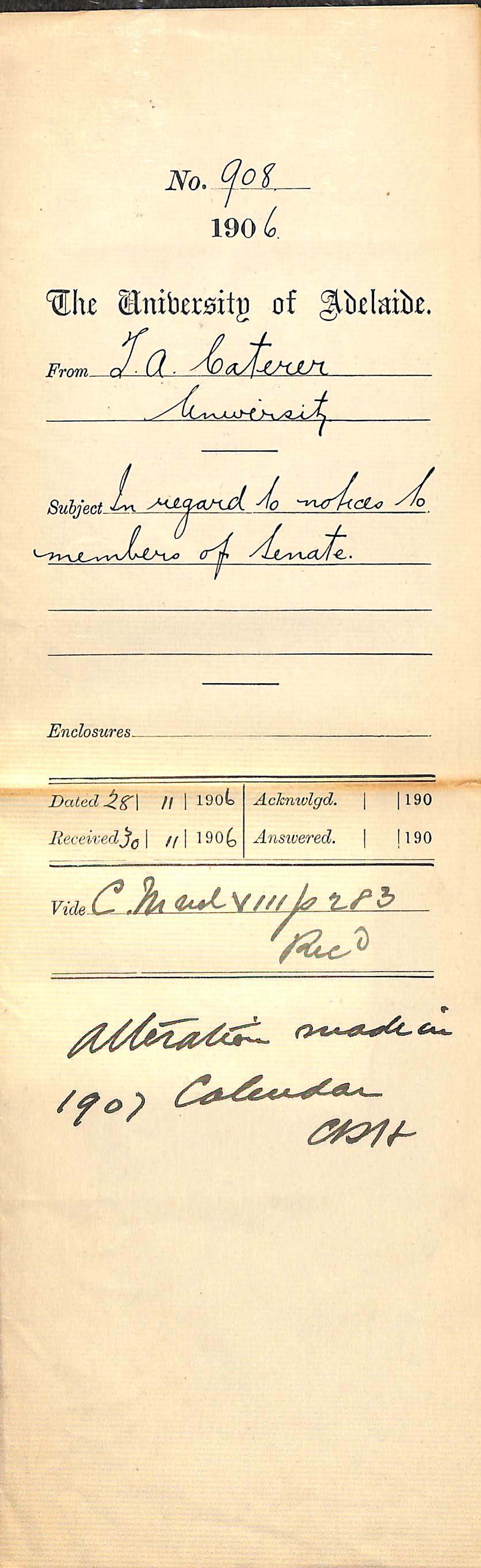 In regard to notices to members of Senate - Caterer