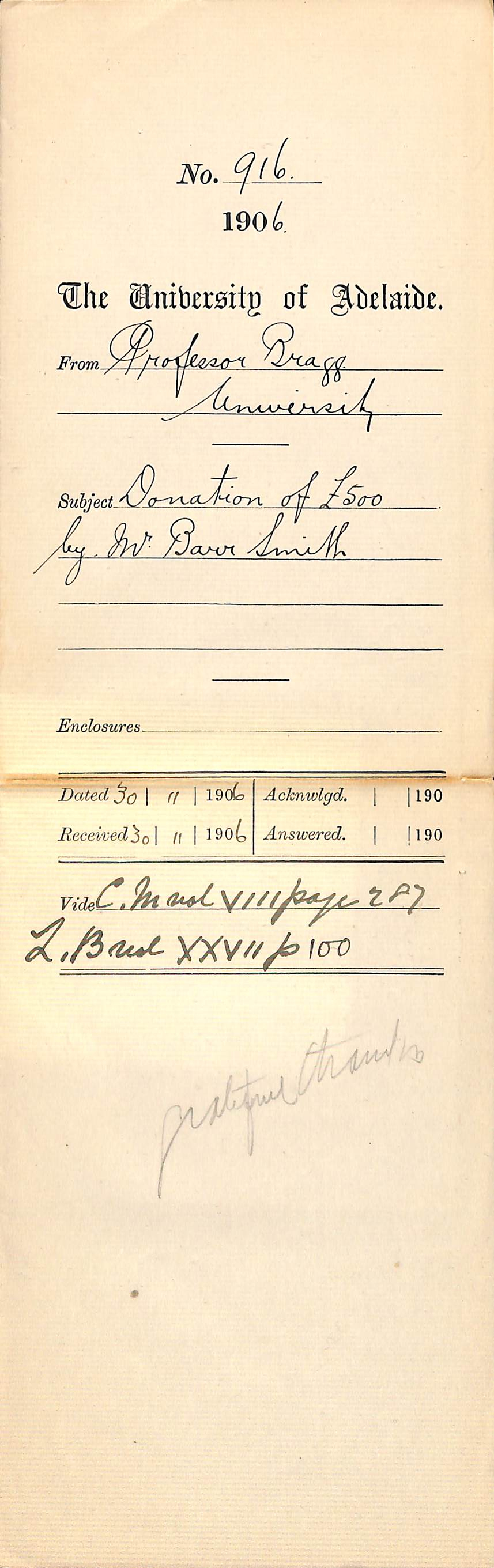 Donation of &pound;500 by Mr Barr Smith