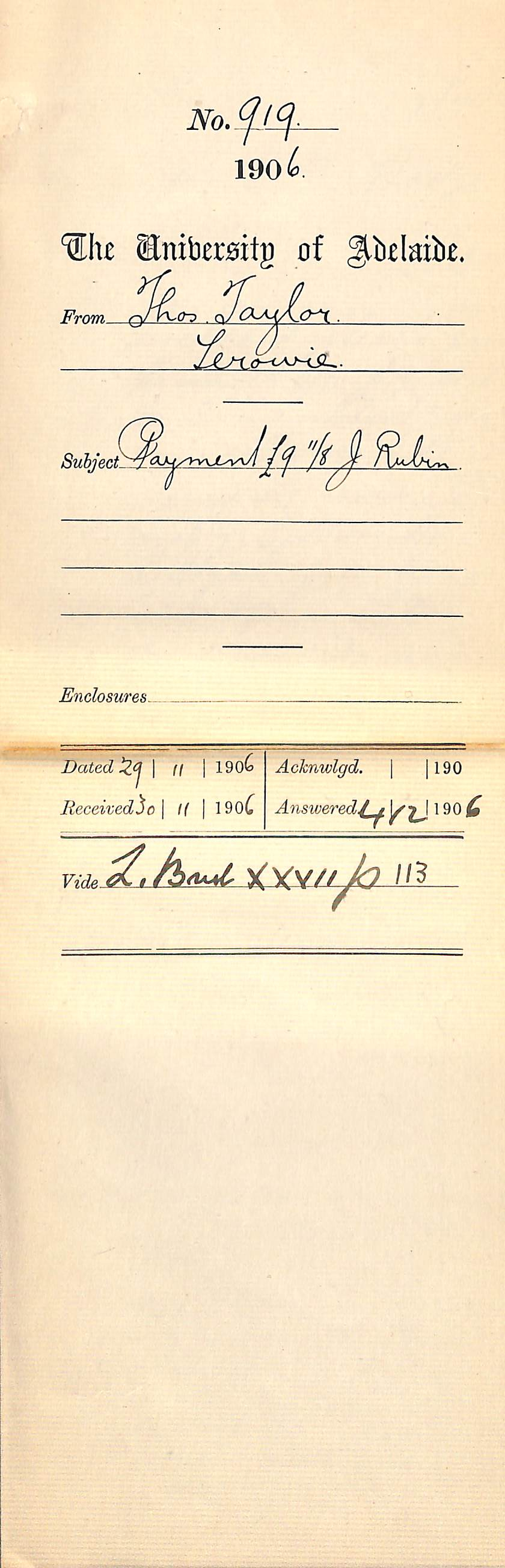 Payment &pound;9-11-8 J Rubin