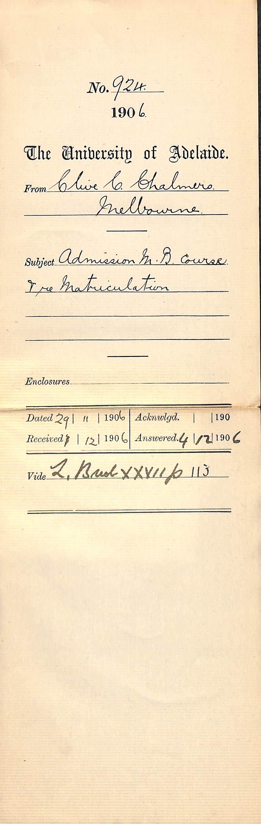 Admission M B Course and re Matriculation