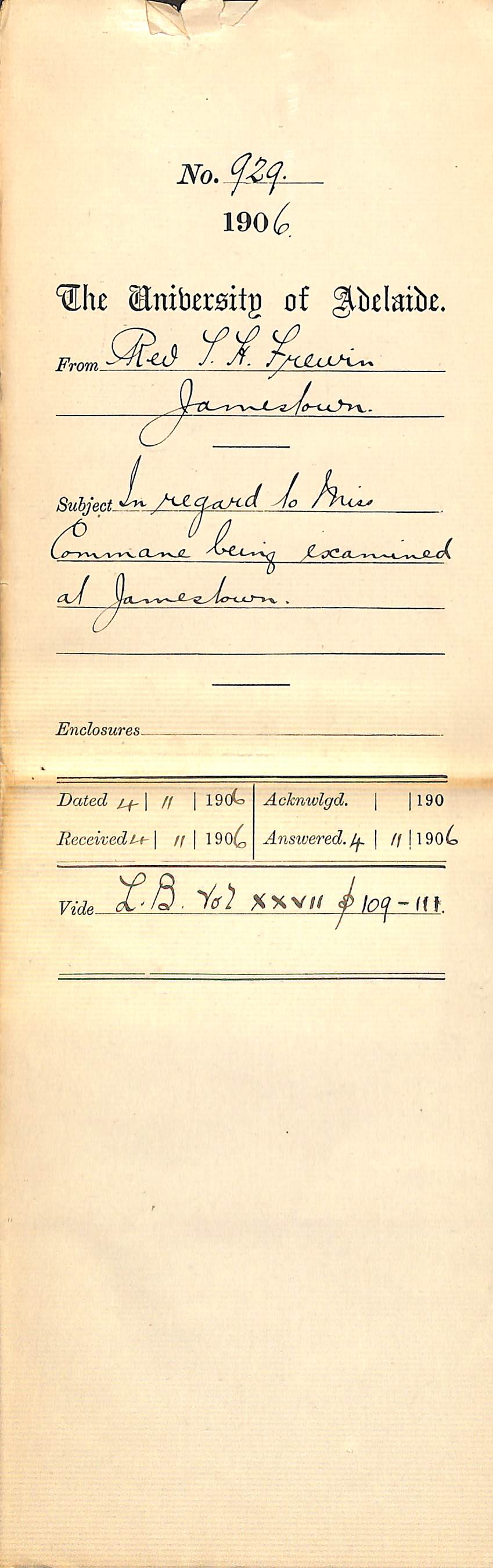 In regard to Miss Commane being Examined in Jamestown