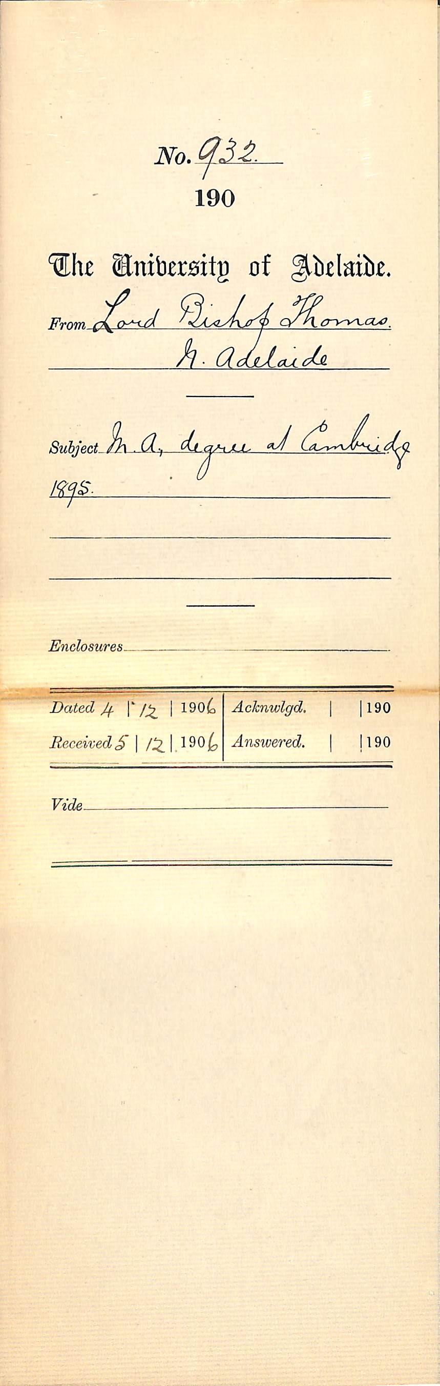 M A Degree at Cambridge 1895