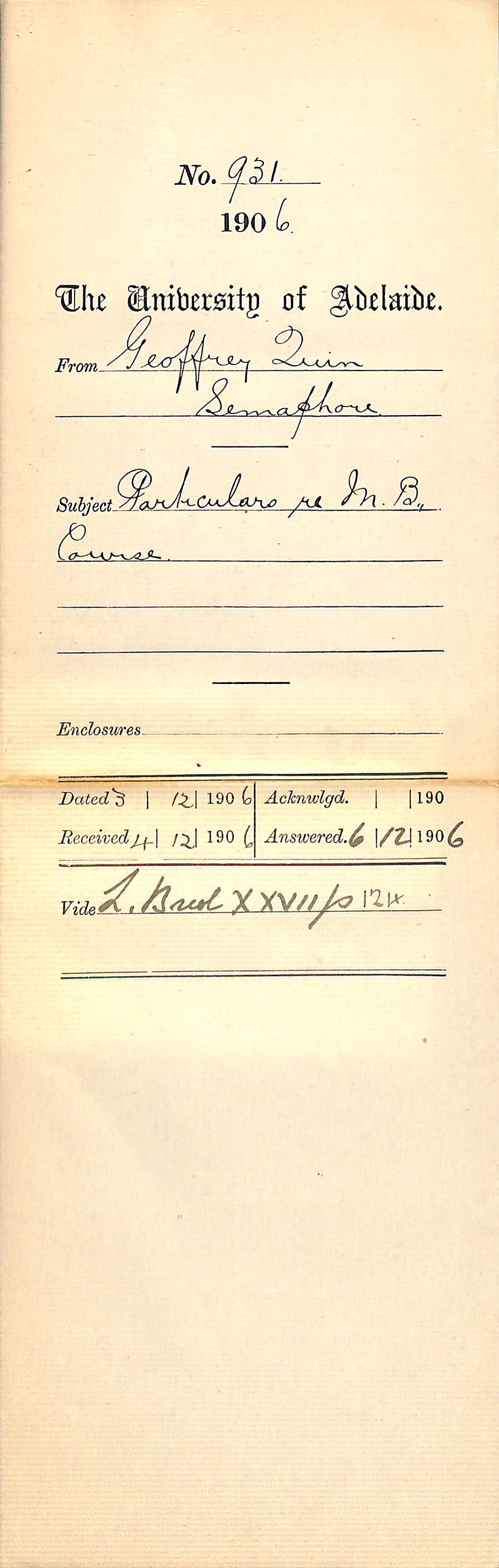 Particulars re M B Course