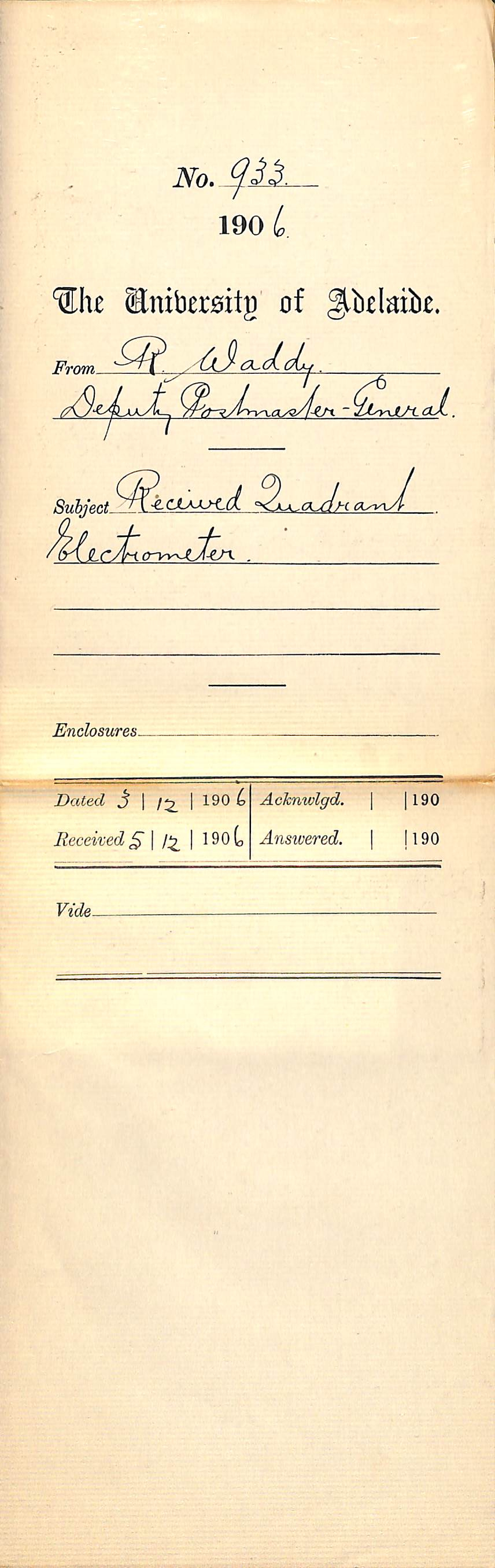 Received Quadrant Electrometer