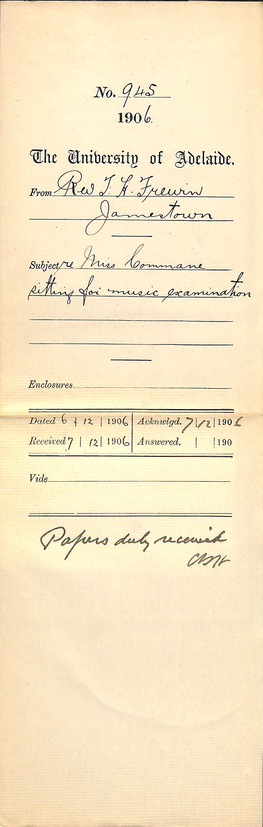 Re Miss Commane sitting for Music Examination