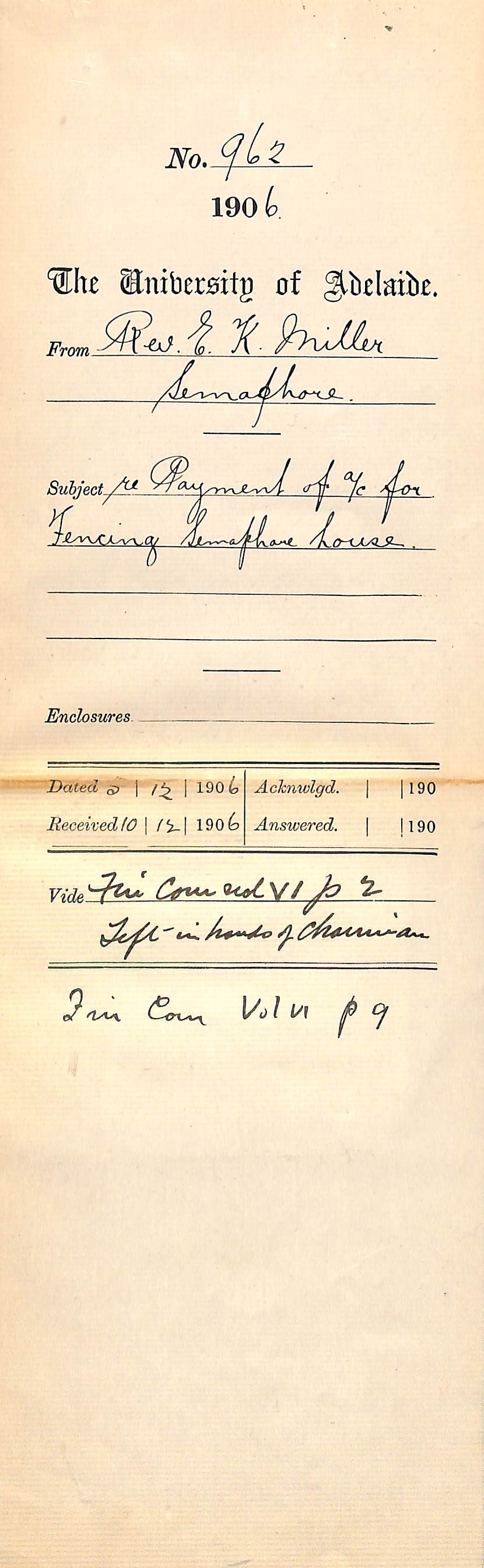 Re Payment of Accounts for Fencing Semaphore house