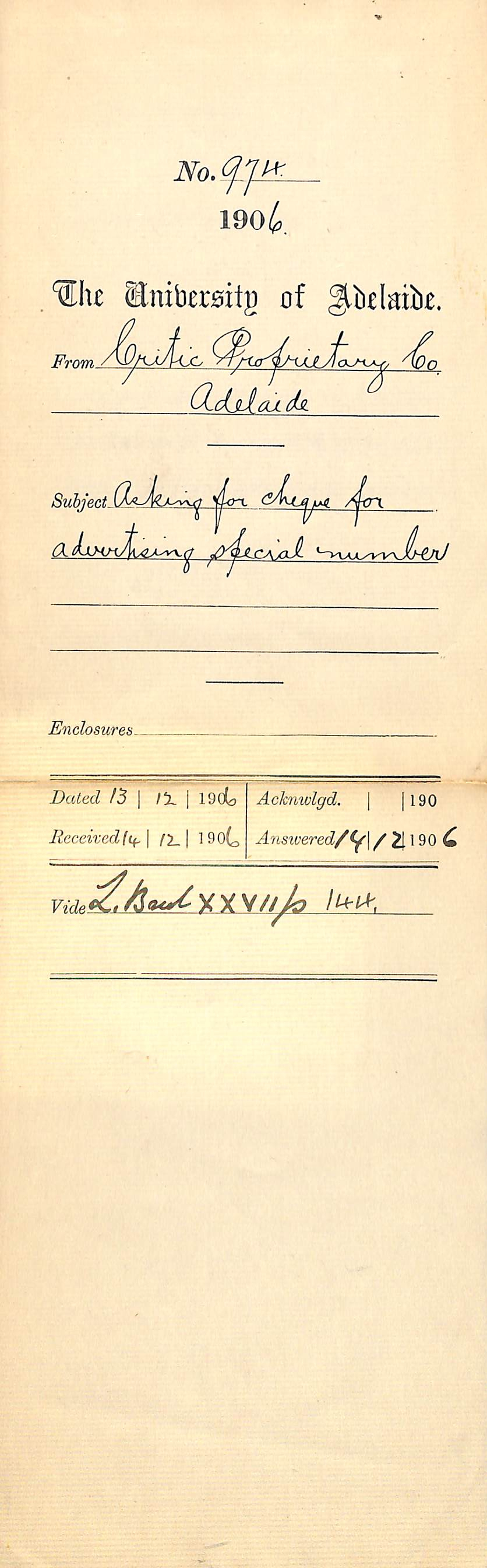 Asking for Cheque for Advertising Special Number