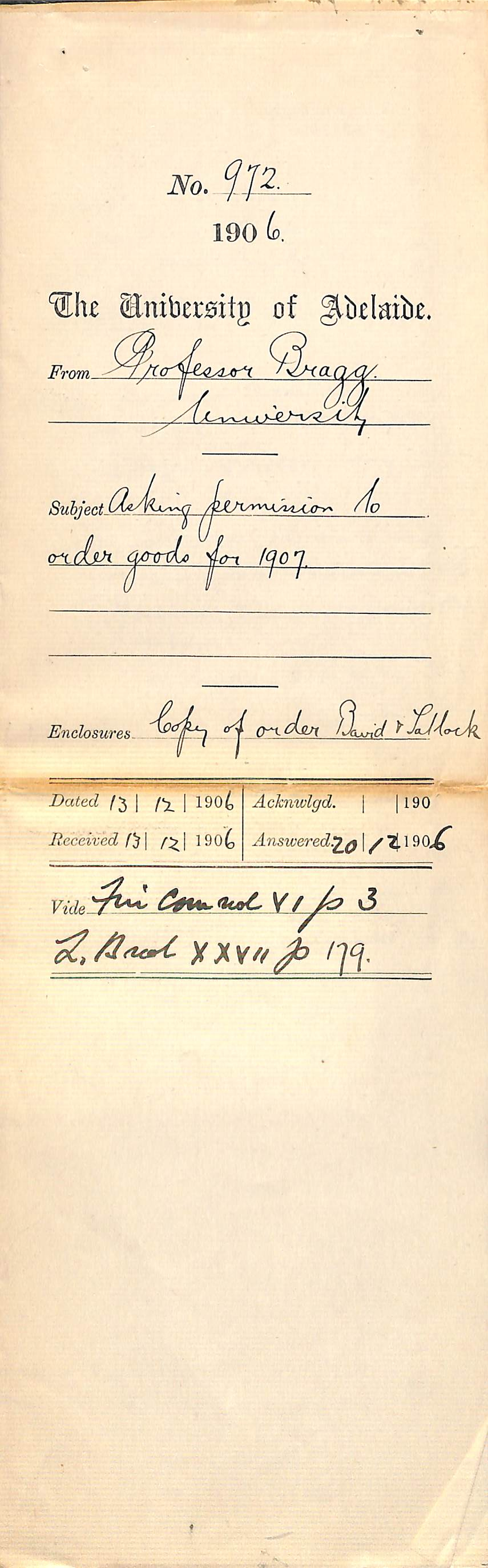 Asking permission to order goods for 1907