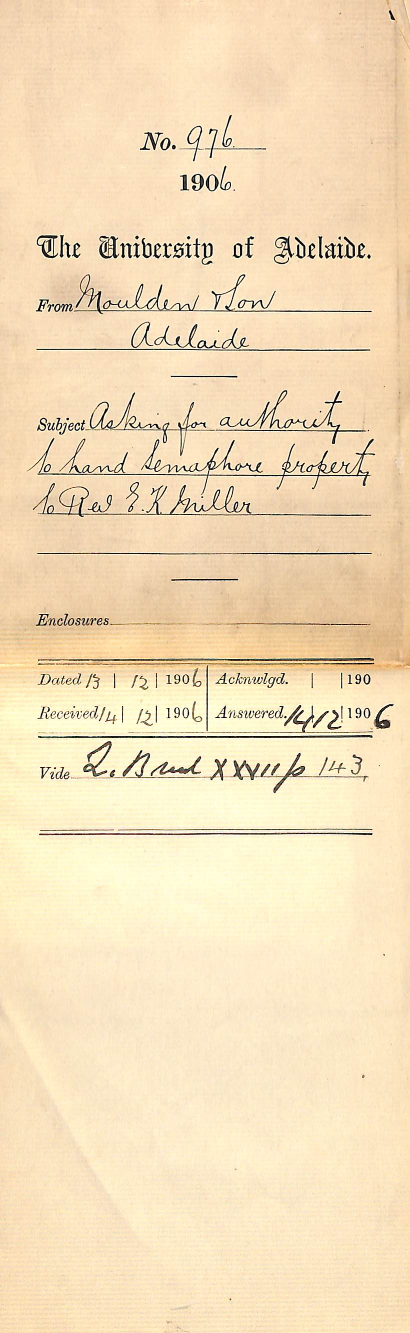 Asking for authority to hand Semaphore property to Reverend E K Miller