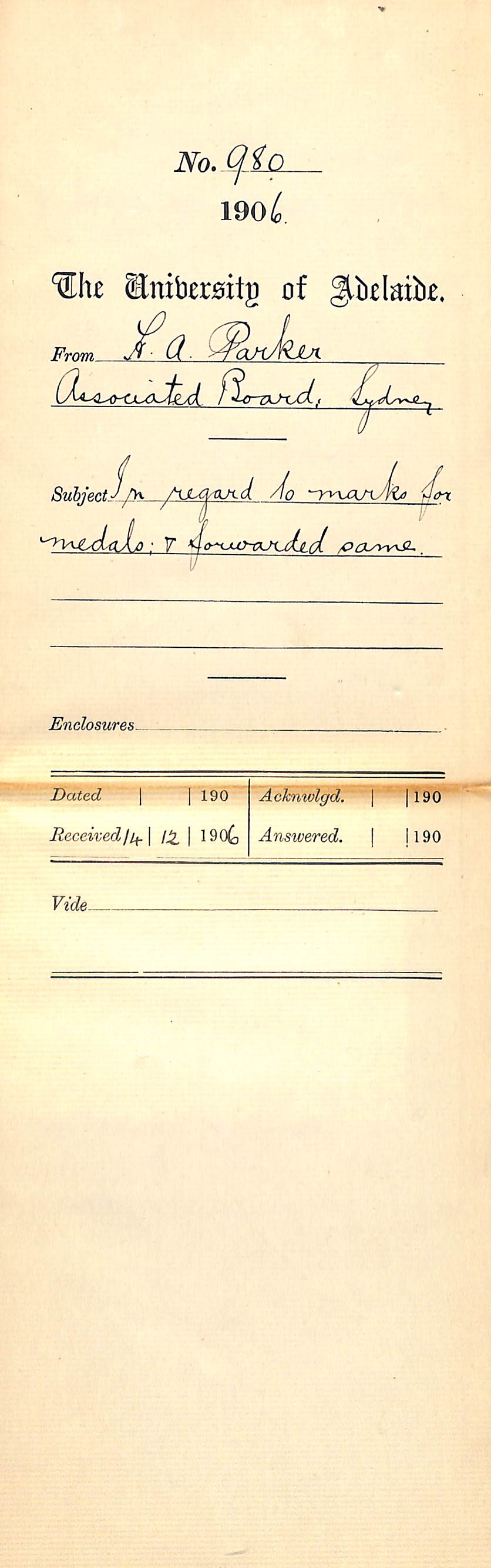 In regard to marks for medals and forwarded same