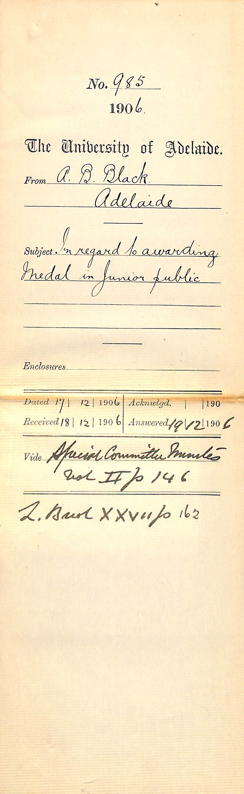 In regard to awarding Medal in Junior Public