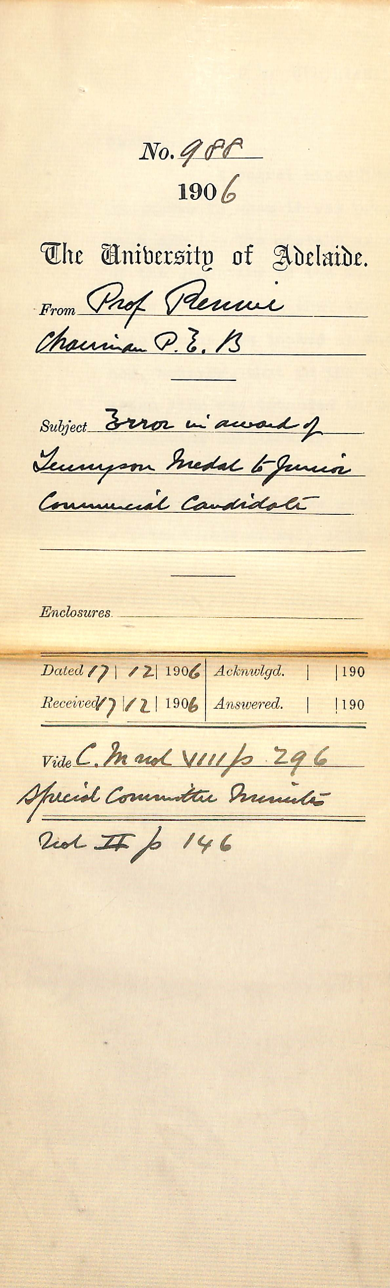 Error in award of Tennyson Medal to Junior Commercial Candidate