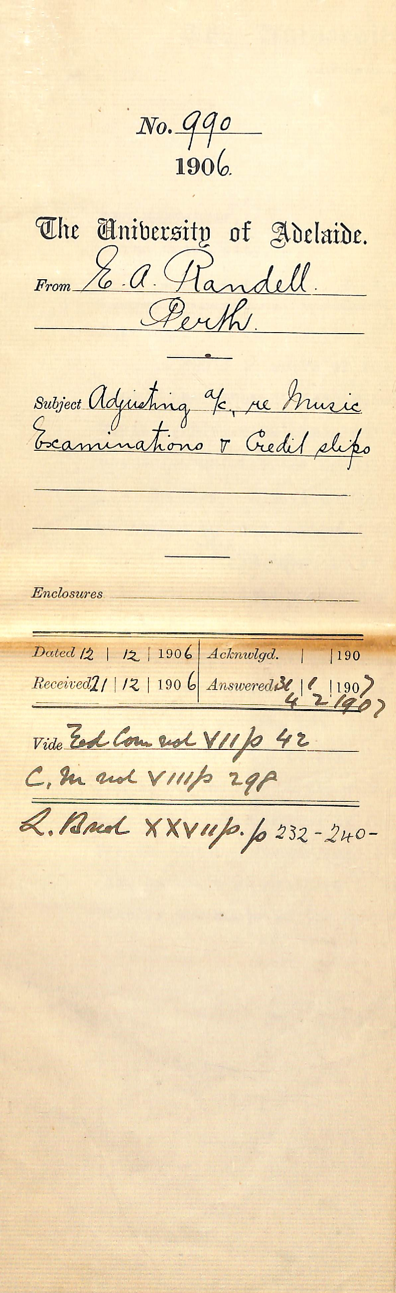 Adjusting Accounts re Music Examinations and Credit Slips