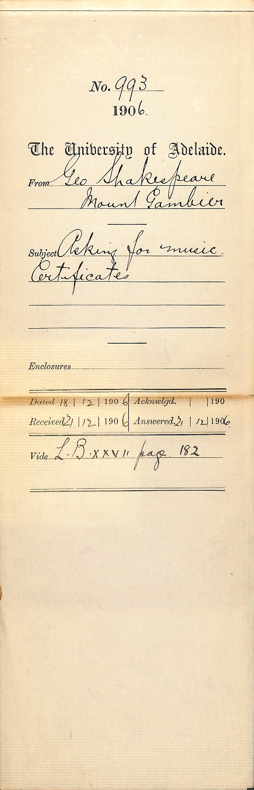 Asking for Music Certificates - Shakespeare