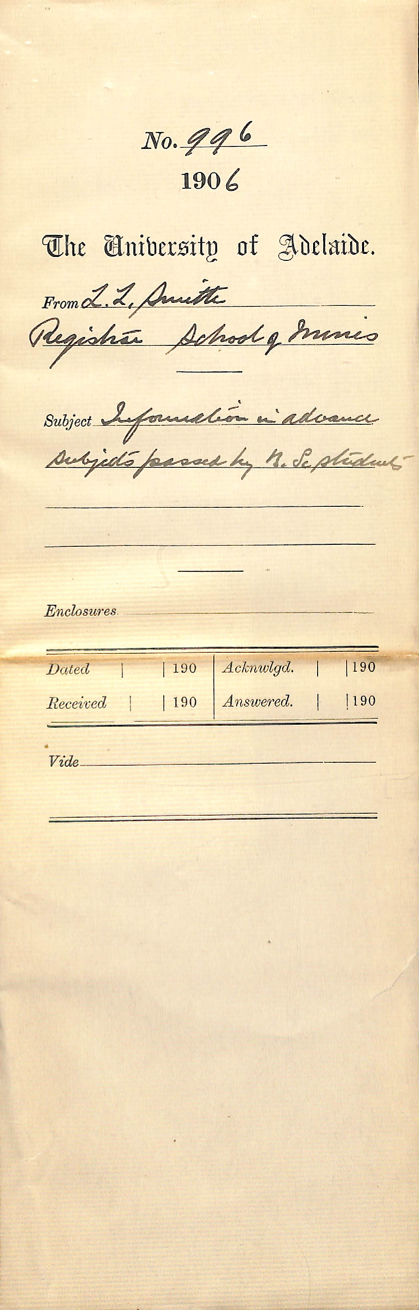 Information in Advance Subjects passed by B Sc Students