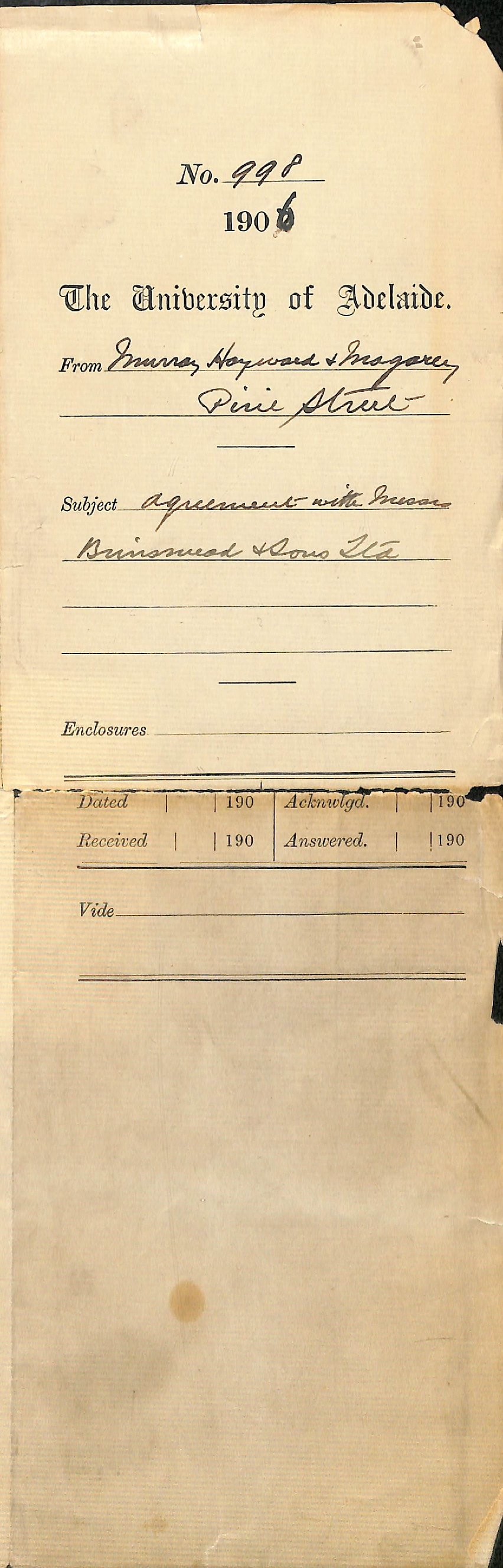 Agreement with Messrs Brinsmead and Sons Limited