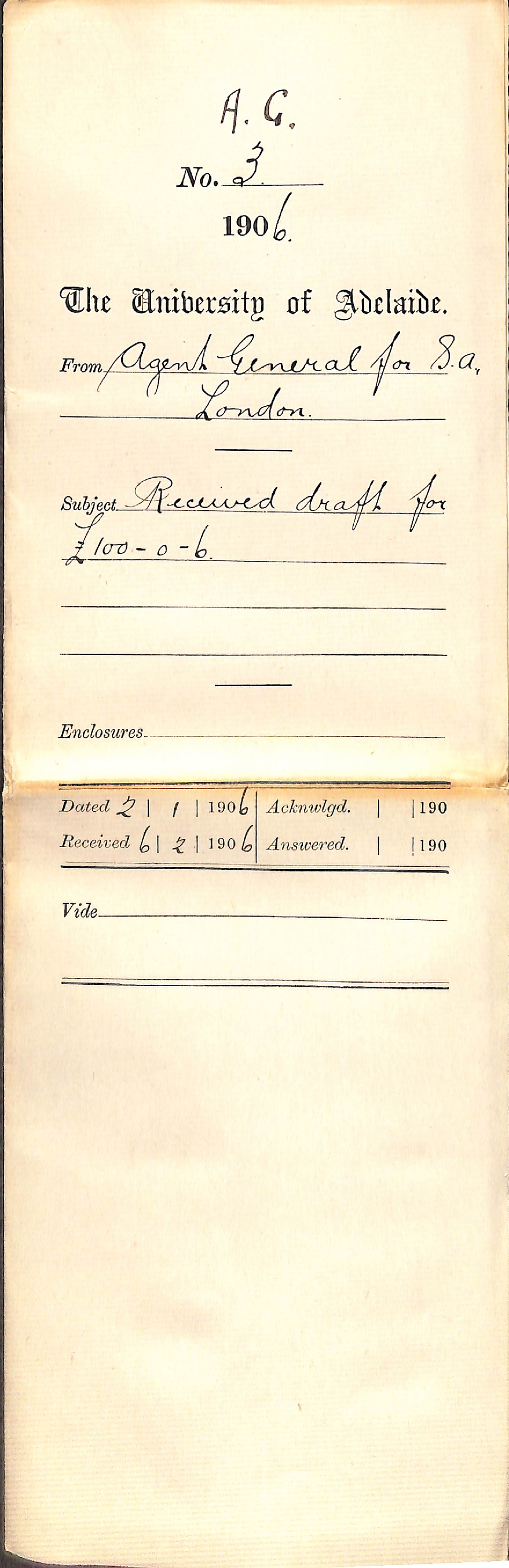 Received draft for &pound;100-0-6