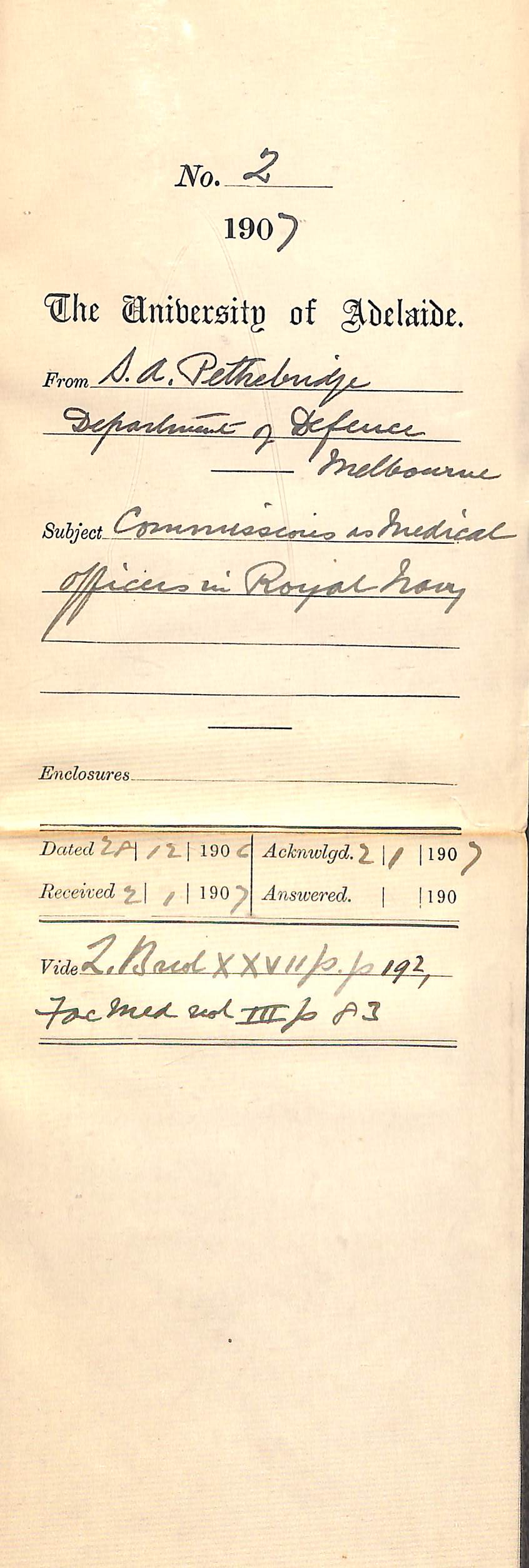 S A Pethebridge - Department of Defence Melbourne - Commissions as Medical Officers in Royal Navy