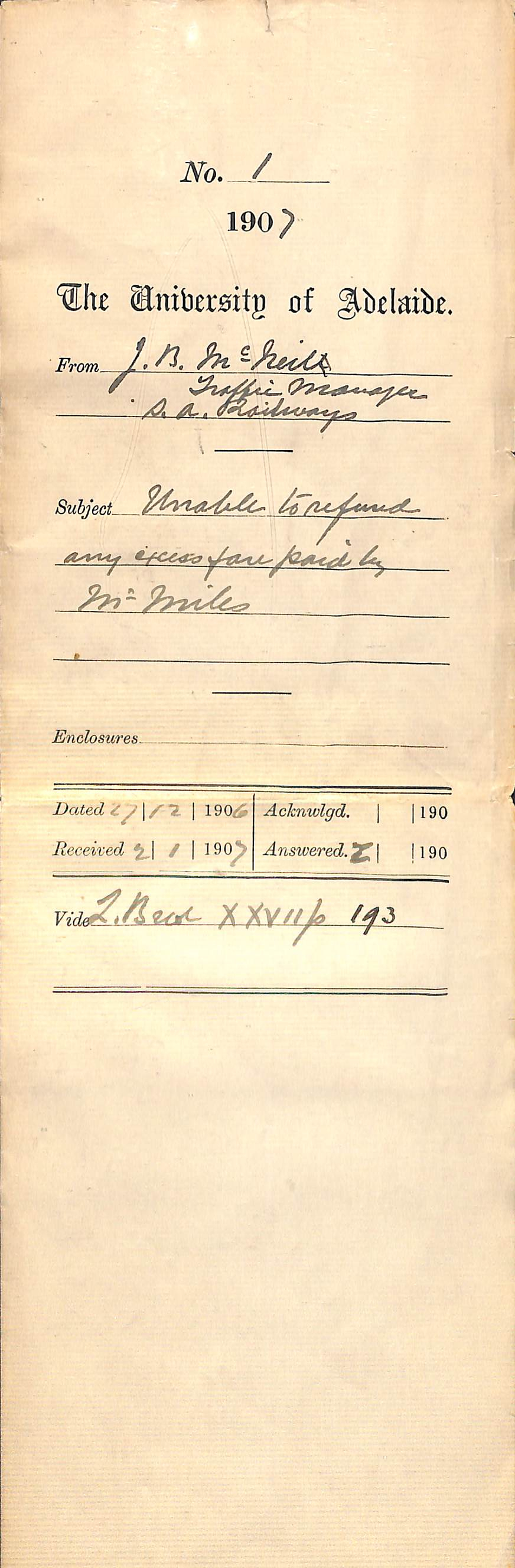 J B McNeil - Traffic Manager South Australian Railways - Unable to refund any excess fare paid by Mr Miles