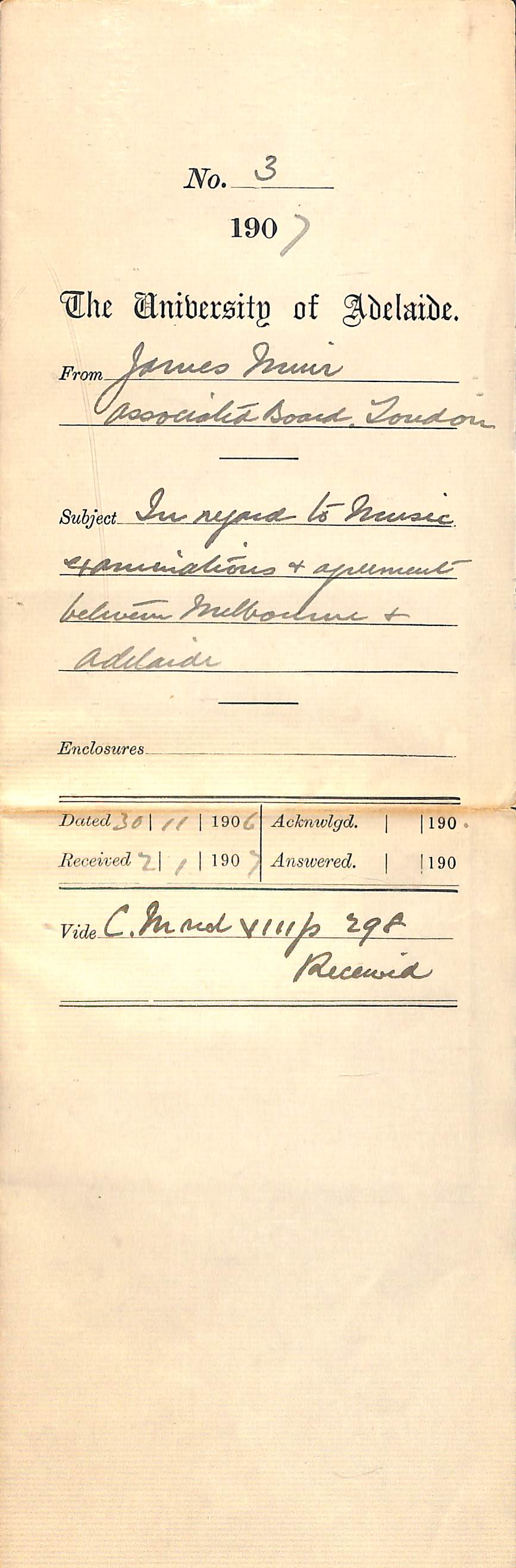 James Muir - Associated Board London - In regard to Music Examinations and agreement between Melbourne and Adelaide